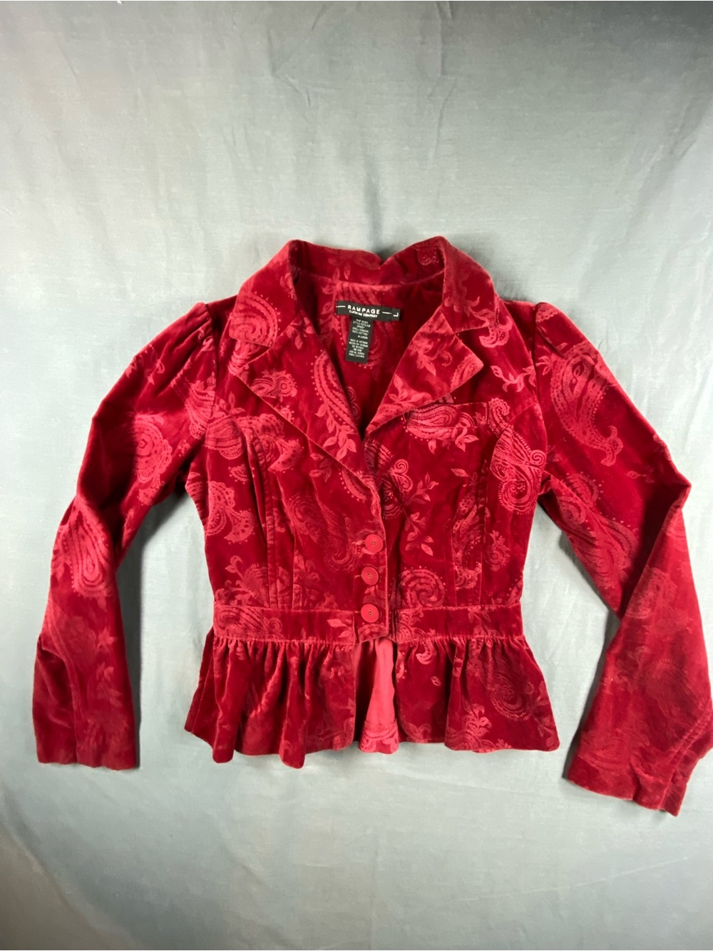 Rampage Red Velvet Peplum Blazer with Paisley Burnout